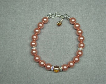 Swarovski Crystal Round  Pearl Bracelet in Rose Peach