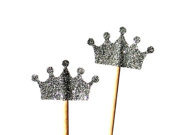 20 silver Toothpicks crown Double Sided- Party Picks, Cupcake Topper, Baby Shower Decoration, Birthday Pick