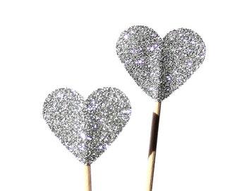 20 cup cake, glittering, silver, Toothpicks heart, Double Sided, Party Picks, Cupcake Topper, Baby Shower Decoration, silver