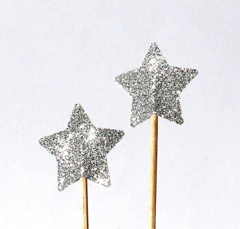 20 star silver Toothpicks, star Double Sided, Party Picks, Cupcake Topper, Baby Shower Decoration, Birthday Pick image 1