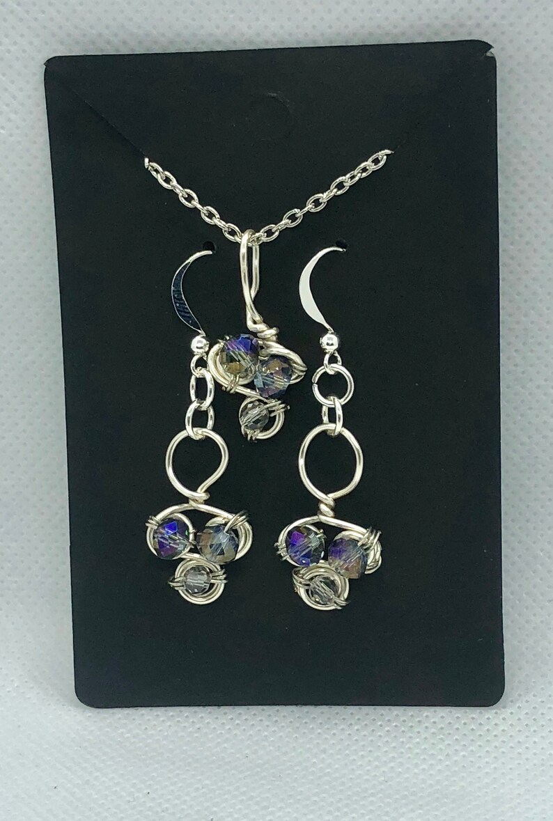 crystal glass beaded wire wrapped necklace and earring set silver jewelry set