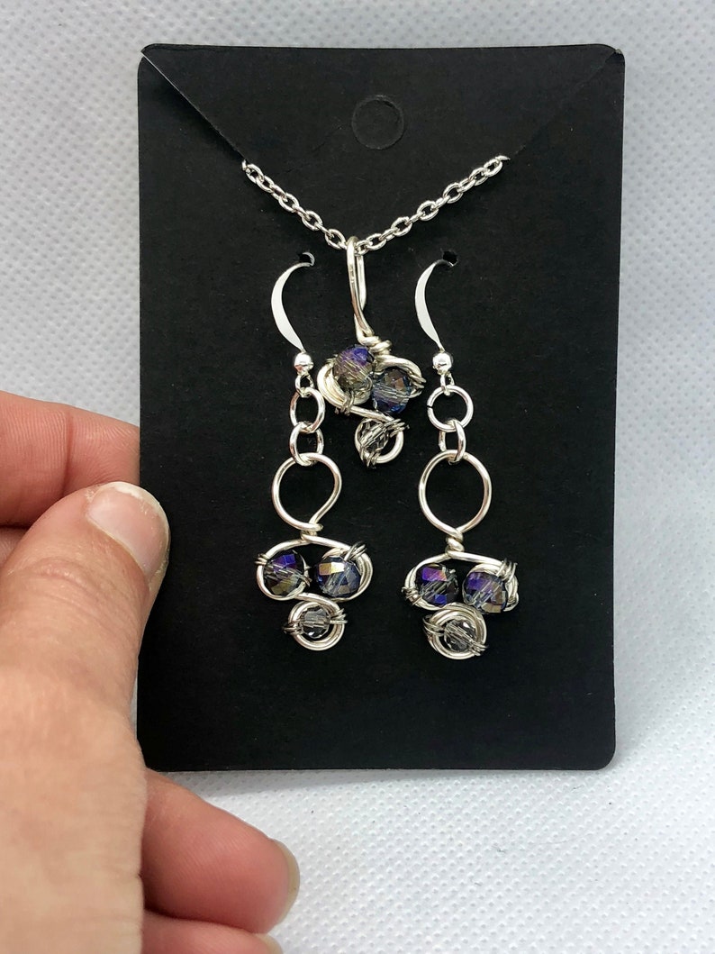 crystal glass beaded wire wrapped necklace and earring set silver jewelry set