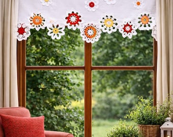 Handmade Crochet Floral Doily Cotton Curtain, Shabby Chic Boho Valance, Cottage Lace Decor,