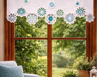 Handmade Crochet Floral Doilies Curtain, Shabby Chic Boho Lace Curtain, Farmhouse French Cafe Valance