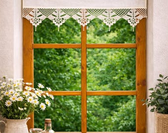 Handmade Crochet Cotton Kitchen Curtain, Farmhouse Cafe Short Valance, Rustic Cottage Decor