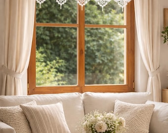 Speciale aanbieding: Frans plattelandscafégordijn, kanten volant boerderij, rustiek keukendecor, handgemaakt gehaakt linnen gordijn