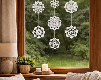Crochet Flower Wall Hanging, Driftwood Branch Boho Rustic Decor, Cotton Lace Mobile