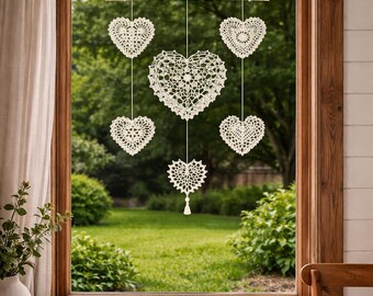 Crochet Heart Wall Hanging, Boho Driftwood Mobile, Rustic Cotton Lace Decor