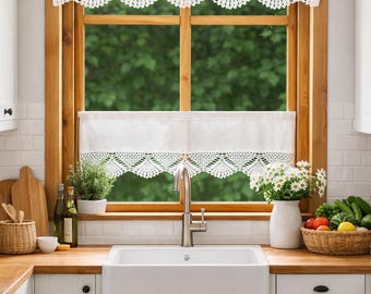 Handmade Linen Crochet Cafe Curtain, Tulip Lace Valance, Farmhouse Kitchen Decor