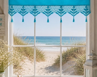 Turquoise Linen Cafe Curtain with Crochet Lace, Coastal Beach House Valance, Nautical Window Curtain, Handmade Coastal Cottage Window Decor