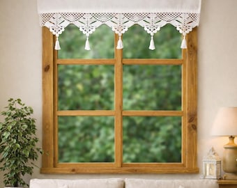 Cottagecore Crochet Short Curtain, Shabby Chic Rustic Lace Valance, Farmhouse Window Curtain, Handmade Linen Lace Curtain.