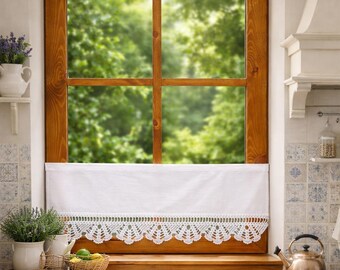 Handmade Linen Crochet Curtain, Fan Lace Valance, Rustic Boho Kitchen Home