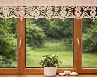 Handmade Crochet Linen Cafe Curtain, French Country Farmhouse Lace Valance, Cottagecor Kitchen Window Decor