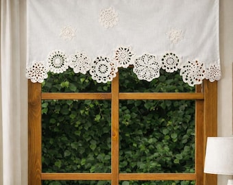 Linen handmade valance with crochet doilies, vintage cafe curtain, European farmhouse style curtain.