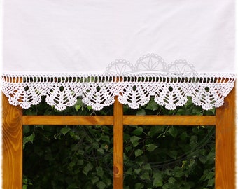 Shabby chic curtain with crochet handmade lace "fan", french cafe curtain, country style curtain, rustical kitchen valance -height 40cm/16"
