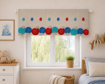 Handmade Linen Curtain for Kids Room with Ammonites – Boho Nursery Window Valance  to the children's room, Custom Size