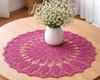 Handmade Linen Crochet Doily, Raspberry Pink, 60cm Round Boho Rustic Table Decor