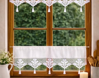 Handgefertigte Häkelspitzengardine Landhausstil, Häkelgardine Landhausgardine, Caféhaus Küchengardine mit Quasten, Shabby Chic Fensterdeko