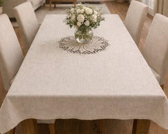 Housewarming Gift Linen Tablecloth, Handmade Crochet Tablecloth, Rustic Farmhouse Table Decor, Natural Linen Table Cover, New Home Gift