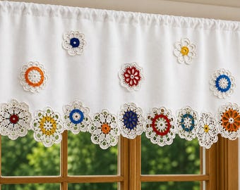 Farmhouse Crochet Café Curtain, Rustic Kitchen Window Lace Valance, Colorful Floral Trim,  Cottage Style Kitchen.