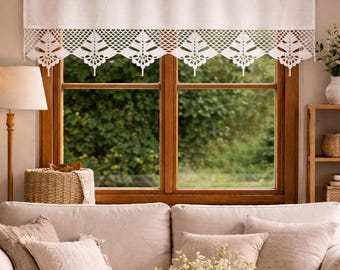 French Country Cafe Curtain, Farmhouse Lace Valance, Rustic Kitchen Decor, Handmade Crochet Linen Curtain - height 60cm/24"