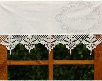 Shabby chic curtain with crochet lace, french cafe curtain, farmhouse country style curtain, rustical kitchen valance -height 18"/45cm