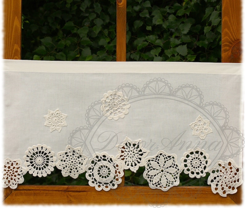 crochet valance shabby chic curtain with crochet doilies Farmhouse kitchen curtain french cafe curtain,lace curtain height 45cm18in.
