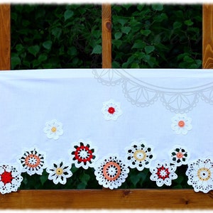 Shabby chic curtain with crochet colorful floral doilies, french cafe curtain, farmhouse cottage valance, boho curtain - height 40cm/16in.
