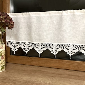 Linen curtain with crochet handmade lace, french cafe curtain, farmhouse country style curtain, rustical boho valance -height 16&quot;/40cm