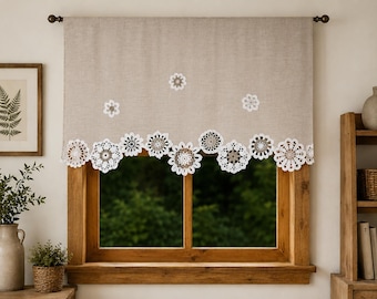 Tenda da caffè in lino con pizzo all'uncinetto – Tenda con centrino fatto a mano – Mantovana per finestra da cucina in stile rustico – Decorazione shabby chic in stile cottagecore
