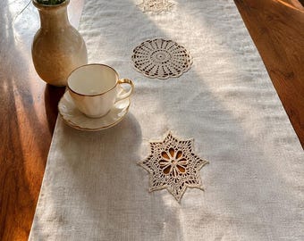 Housewarming Gift, Handmade Linen Table Runner with Crochet Lace, Modern Farmhouse Table Decor, New Home Gift, Rustic Dining Table Runner