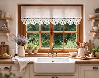 Handgefertigte Baumwolle Häkelspitzengardine Landhausstil, Landhausgardine , Landhause Scheibengardine mit Häkelspitze "Fan"