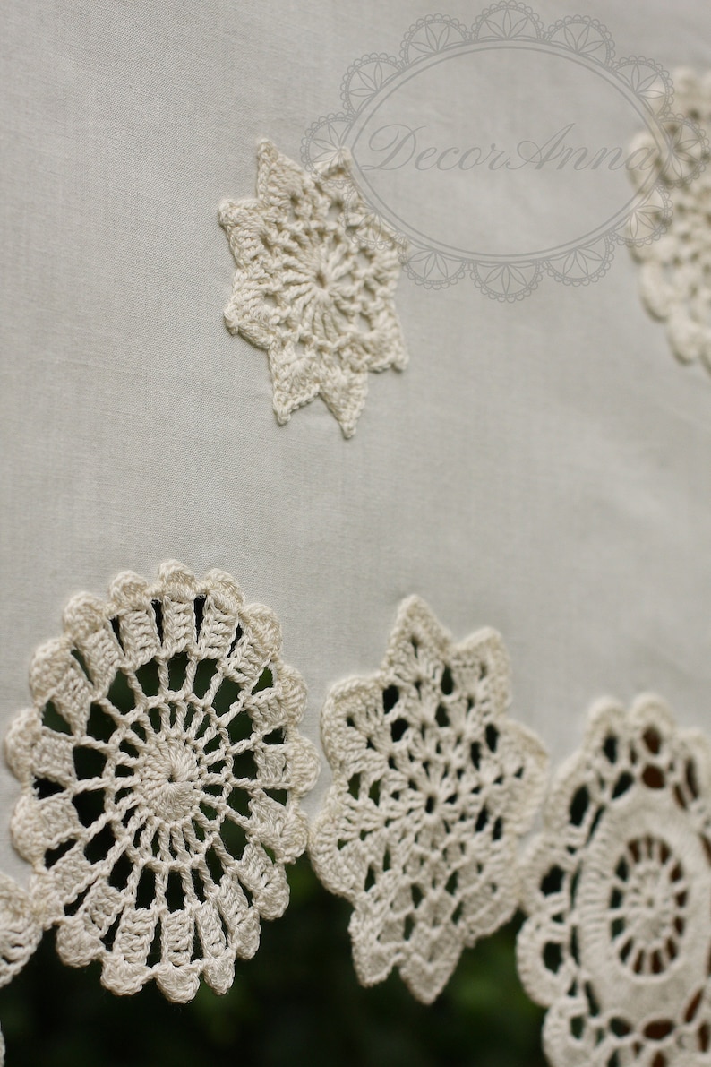 crochet valance shabby chic curtain with crochet doilies Farmhouse kitchen curtain french cafe curtain,lace curtain height 45cm18in.