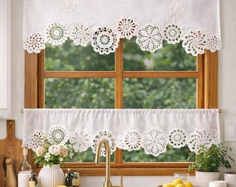 Cottagecore Crochet Cafe Curtain, Rustic Kitchen Lace Valance, Farmhouse Small Window Curtain, Shabby Chic Doilies Short Curtain