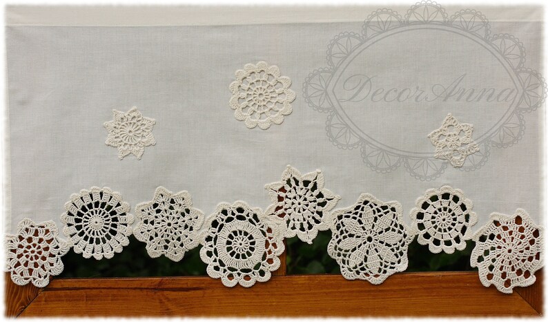 crochet valance shabby chic curtain with crochet doilies Farmhouse kitchen curtain french cafe curtain,lace curtain height 45cm18in.