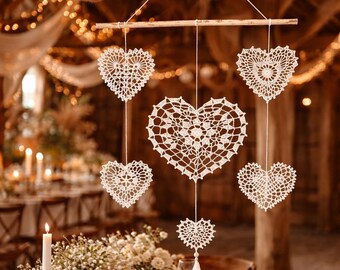 Romantic Lace Heart Wedding Hanging, Boho Crochet Garland, Rustic Barn Decor