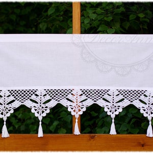Shabby chic curtain with crochet lace and tassels, country farmhouse french cafe curtain, rustical boho valance- height 50cm / 20&quot;