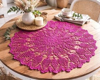 Handmade Linen Crochet Doily, Raspberry Pink, Rustic Boho Table Decor (65cm / 25")