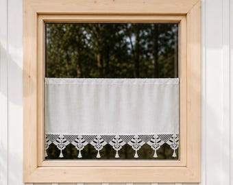 Linen Café Curtains with Handmade Crochet Lace, Swedish Cottage Window Curtain, Scandinavian Farmhouse Curtain, Holiday Cottage House Decor