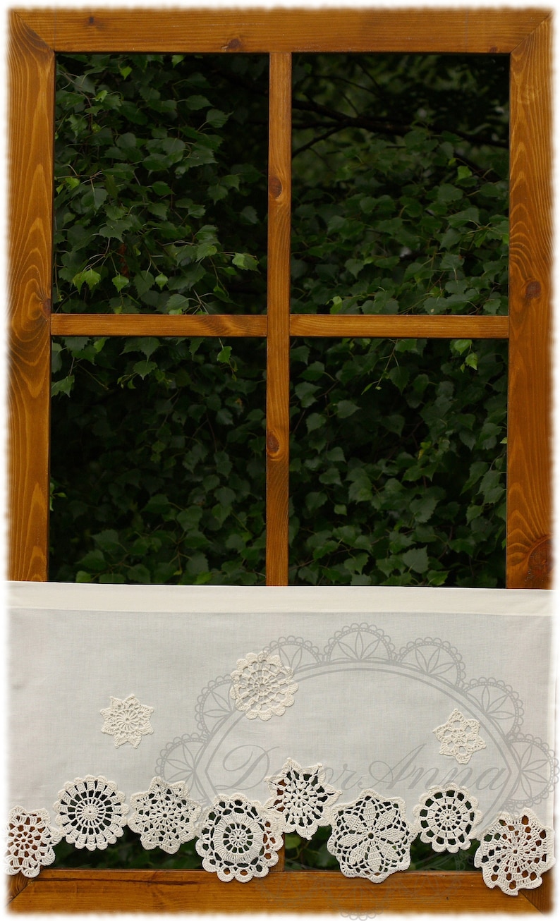 crochet valance shabby chic curtain with crochet doilies Farmhouse kitchen curtain french cafe curtain,lace curtain height 45cm18in.