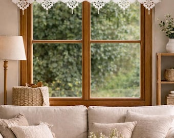 Farmhouse Linen Curtain with Crochet Lace, Cottagecore Kitchen Valance | Handmade Rustic Window Curtain, Custom Size Cafe Curtain Bestseller