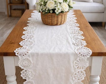 Handmade Linen Table Runner with Crochet Lace Doilies, Rustic Farmhouse TableDeco, Gift for Mom, Housewarming Gift
