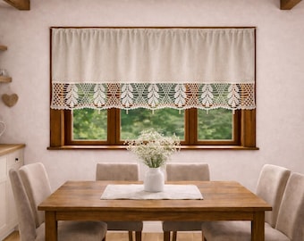 Handmade Crochet Linen Cafe Curtain, French Country Lace Valance, Farmhouse Window Accent (60cm/24")