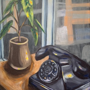May include: An oil painting depicts a still life with a vintage black rotary phone and a potted plant with green and yellow leaves. The objects sit on a wooden surface, with a window and curtains in the background.