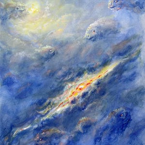Könnte beinhalten: Ein Ölgemälde auf Leinwand, das eine tiefblaue kosmische Szene mit wirbelnden Wolken und nebligen Formationen zeigt. Mehrere undeutliche, kreaturenartige Formen tauchen aus dem strukturierten blauen Nebel auf, beleuchtet von hellem Licht.