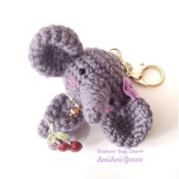 Handmade Crochet Bag Charm Crochet Elephant Key Chain Amigurumi Elephant Cherry Charm Gray Elephant Kawaii Accessories Girls Stuff Gift deas