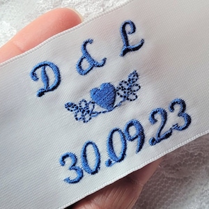 Something Blue, Dress Label, Sew On Tag, Personalize Satin Ribbon, Embroider Label for Christening, Baptismal, Wedding Dress or Bridal Gown