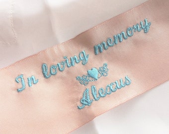 Wedding Dress Label, In Loving Memory, Something Blue Personalize, Sew On Wedding Bridal Gown Tag, Heart Embroidery Name & In Memorium Quote