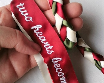 Handfasting Cord, Personalize Embroider Gift For Couple, Green Red Ivory, Thin Wedding Bridal Binding Unity Union Rope, Date Names Message