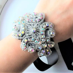 Iridescent Rhinestone Wrist Corsage: Black Ribbon Bridal Bracelet